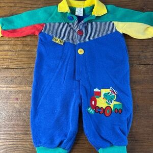 Vintage Baby Boy Embroidered Train Romper 3-6m Colorblock One Piece Railroad